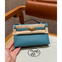 에르메스 Hermes Kelly Pochette 22cm Swift 75 Blue Jean/gold