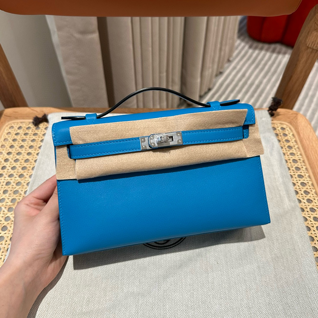 에르메스 Hermes Kelly Pochette 22cm Swift B3 Blue Zanzibar/silver