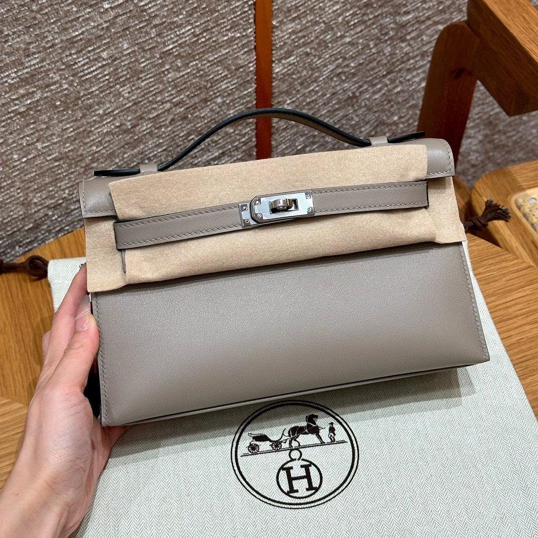 에르메스 Hermes Kelly Pochette 22cm Swift M8 Gris Asphalte/silver