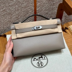 에르메스 Hermes Kelly Pochette 22cm Swift M8 Gris Asphalte/silver