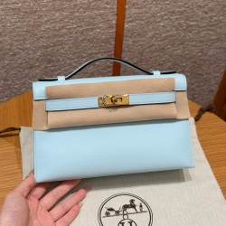 에르메스 Hermes Kelly Pochette 22cm Swift T0 Blue Brume/gold