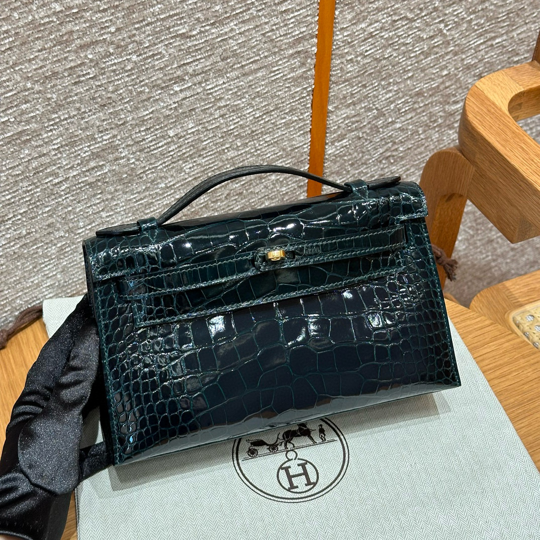 에르메스 Hermes Kelly Pochette 22cm Alligator 60 Vert cypres/gold