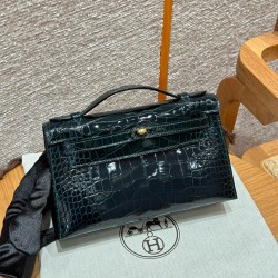 에르메스 Hermes Kelly Pochette 22cm Alligator 60 Vert cypres/gold