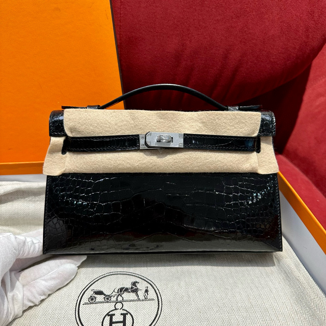 에르메스 Hermes Kelly Pochette 22cm Alligator 89 Noir/silver