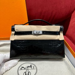 에르메스 Hermes Kelly Pochette 22cm Alligator 89 Noir/silver