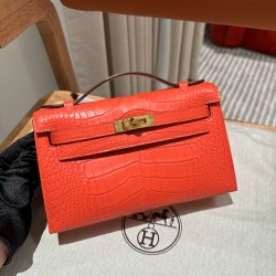 에르메스 Hermes Kelly Pochette 22cm Alligator 93 Orange/gold