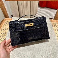 에르메스 Hermes Kelly Pochette 22cm Alligator Z7 Blue Ocean/gold