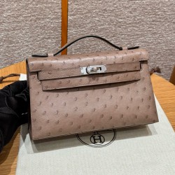 에르메스 Hermes Kelly Pochette 22cm KK ostrich 18 Etoupe/silver