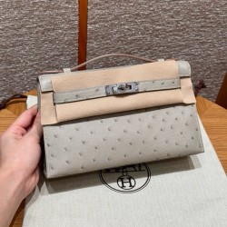 에르메스 Hermes Kelly Pochette 22cm KK ostrich 80 Gris perle/silver