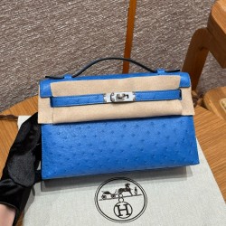 에르메스 Hermes Kelly Pochette 22cm KK ostrich O7 Bleuet/silver