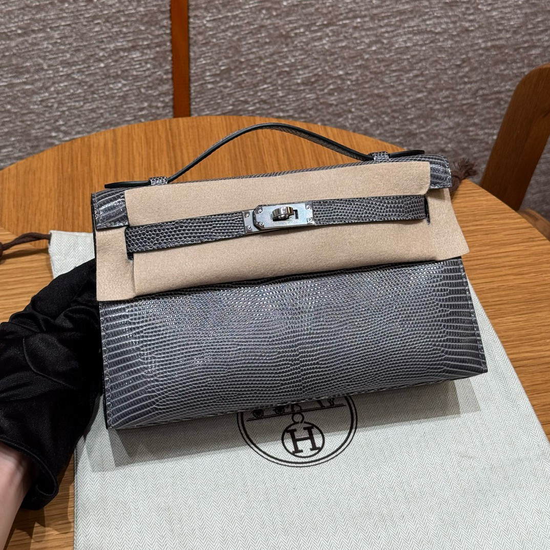 에르메스 Hermes Kelly Pochette 22cm Lizard 85 Ardoise/silver