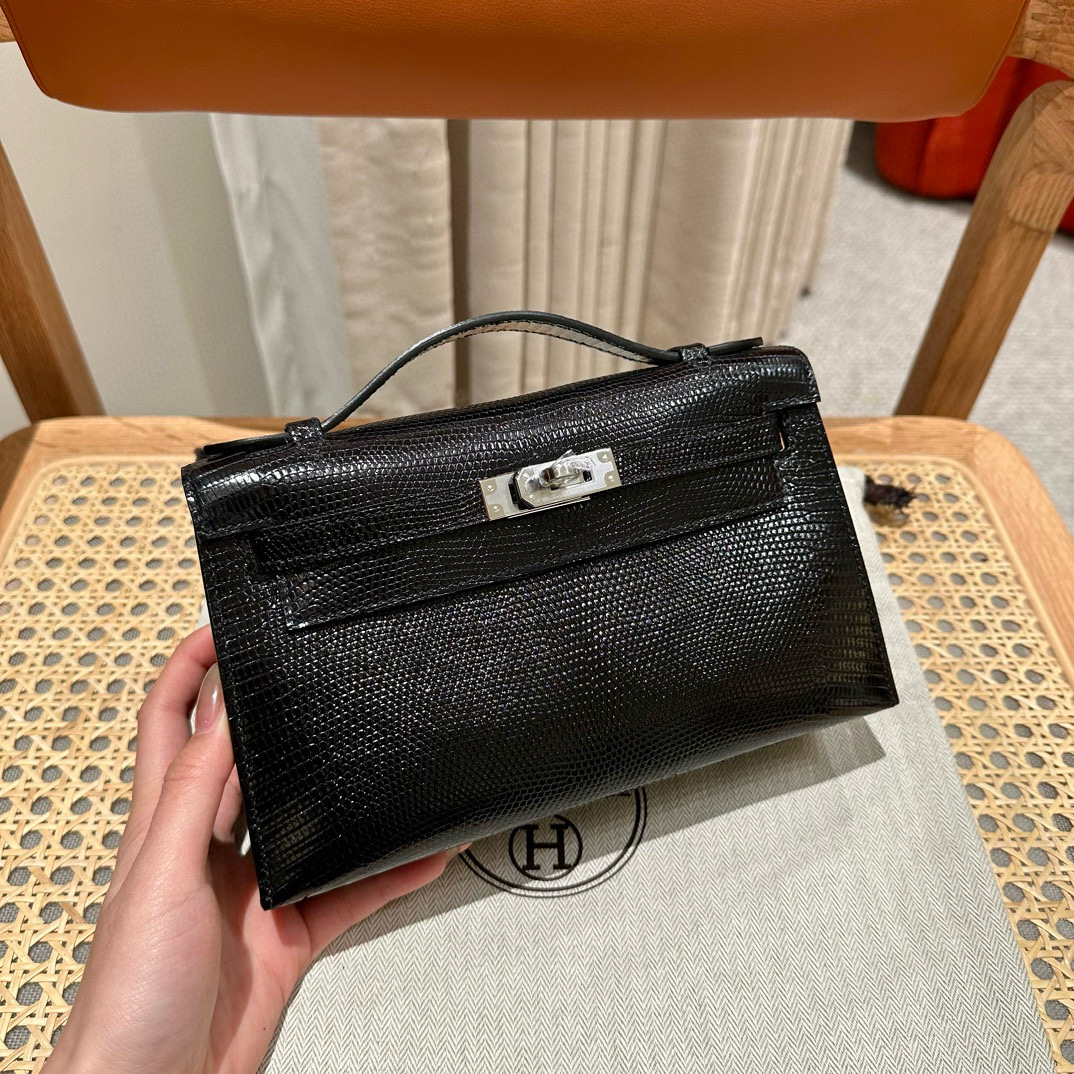 에르메스 Hermes Kelly Pochette 22cm Lizard 89 Noir/silver