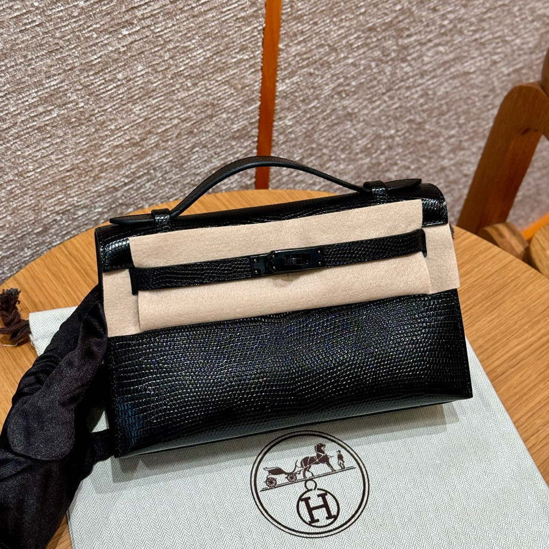 에르메스 Hermes Kelly Pochette 22cm Lizard 89 Noir/so black