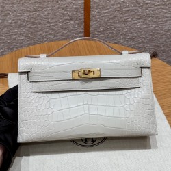 에르메스 Hermes Kelly Pochette 22cm Matte American crocodile 8L Beton/gold
