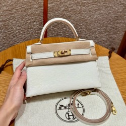 에르메스 Hermes Mini Kelly 19cm Chèvre 0T Mushroom/gold