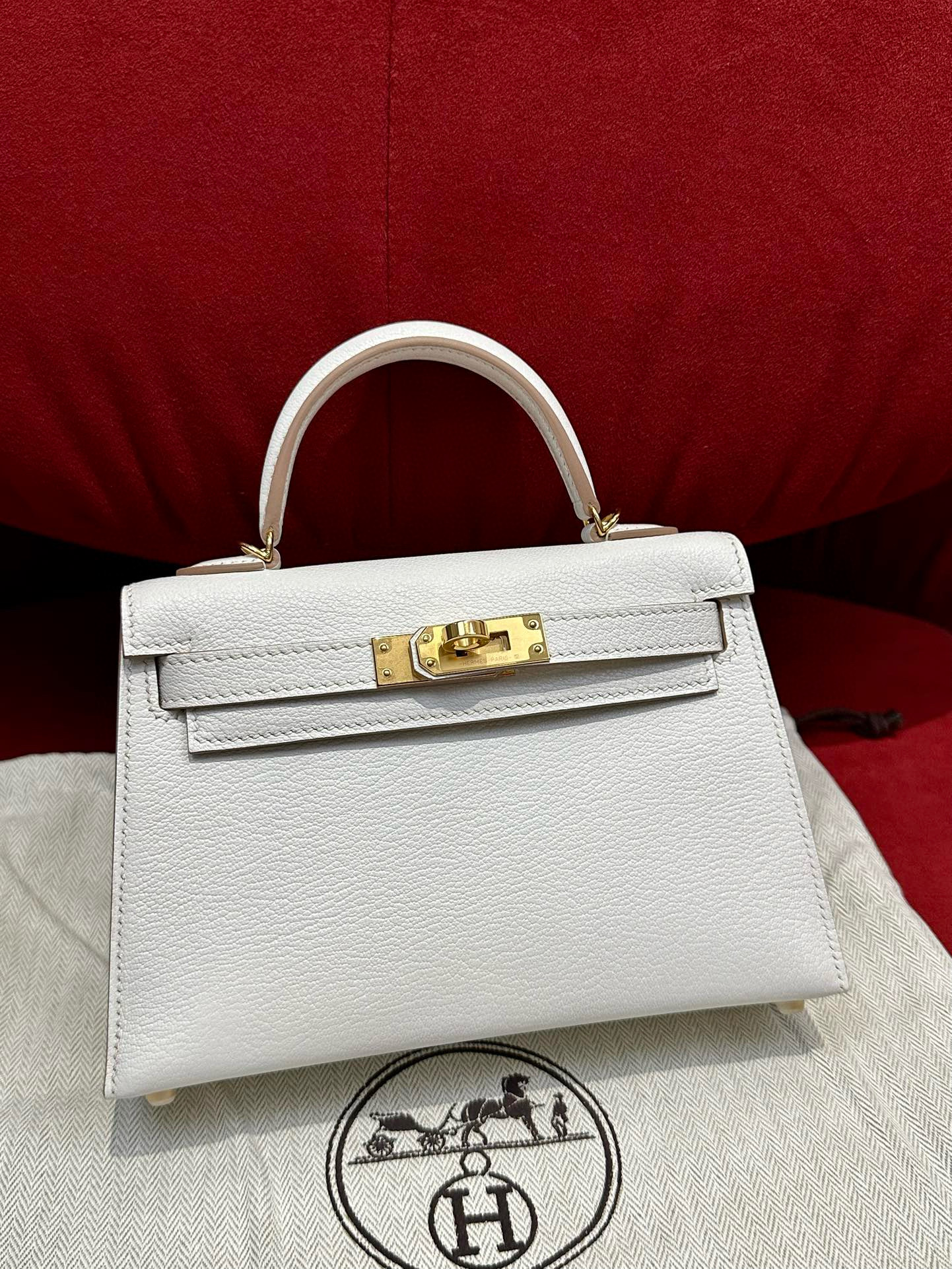 에르메스 Hermes Mini Kelly 19cm Chèvre 01 Blanc/gold