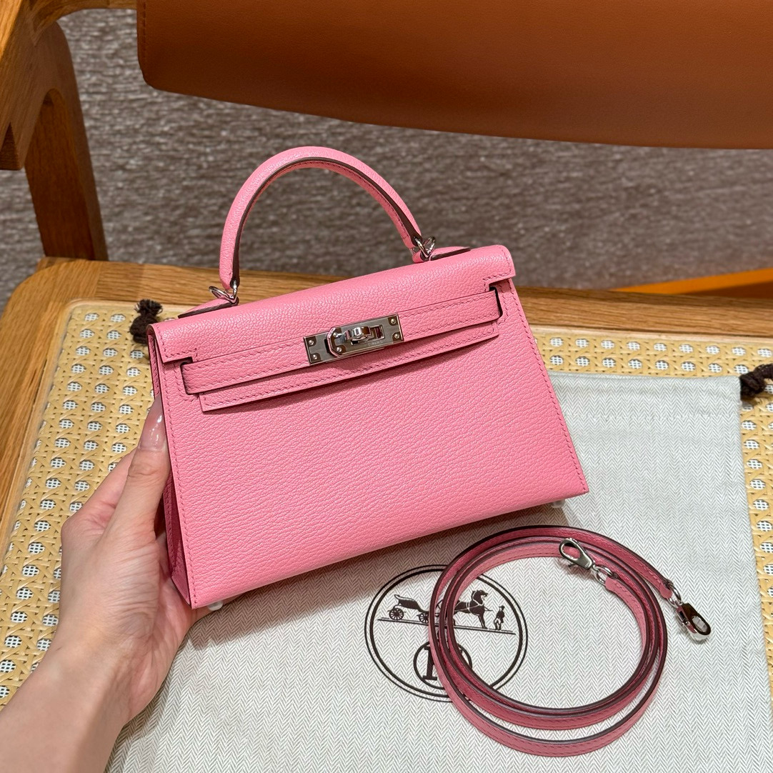 에르메스 Hermes Mini Kelly 19cm Chèvre 1Q Rose confetti/silver