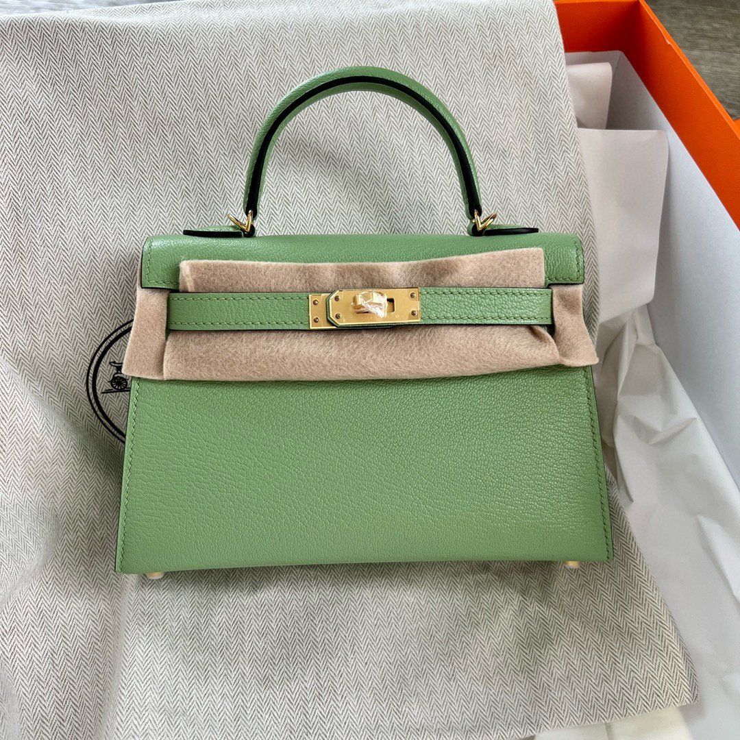 에르메스 Hermes Mini Kelly 19cm Chèvre 3i Vert Criquent/silver