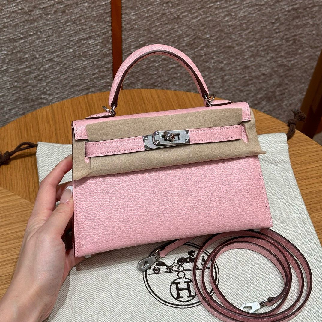 에르메스 Hermes Mini Kelly 19cm Chèvre 3Q Rose Sakura/silver
