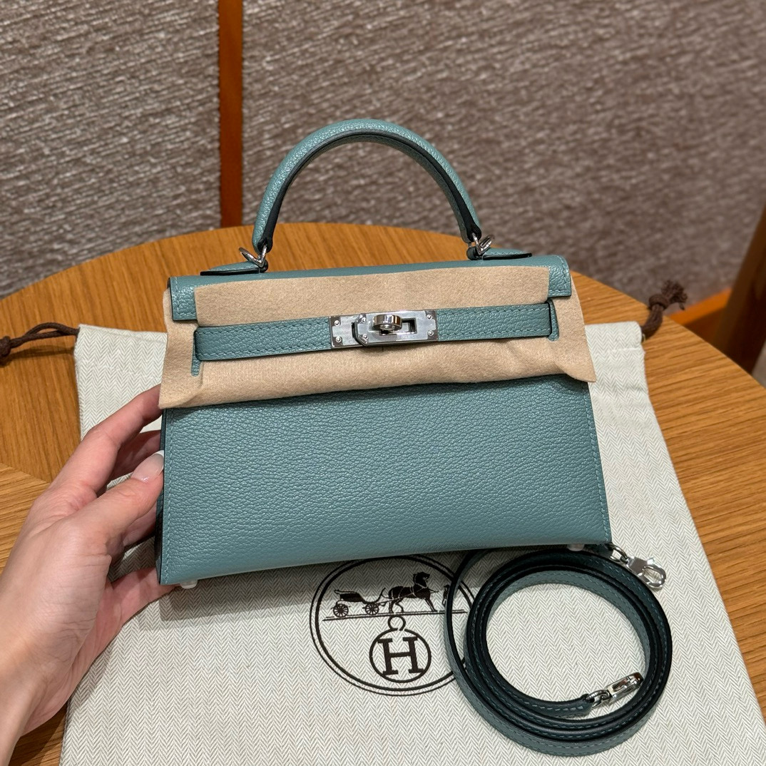 에르메스 Hermes Mini Kelly 19cm Chèvre 7G Ciel/silver