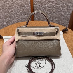 에르메스 Hermes Mini Kelly 19cm Chèvre 18 Etoupe/silver