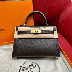 에르메스 Hermes Mini Kelly 19cm Chèvre 46 Ebene/gold