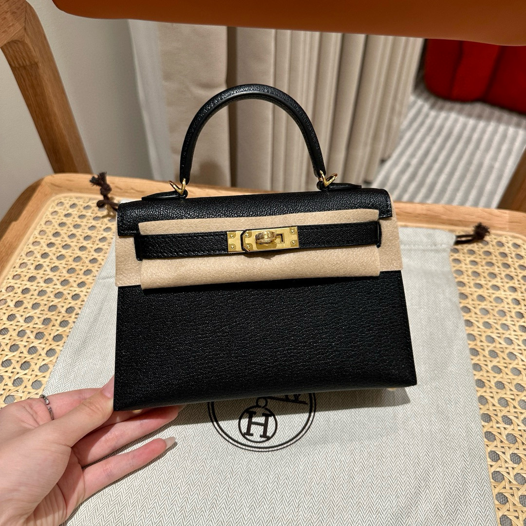 에르메스 Hermes Mini Kelly 19cm Chèvre 89 Noir and 2Z Blue nuit/gold