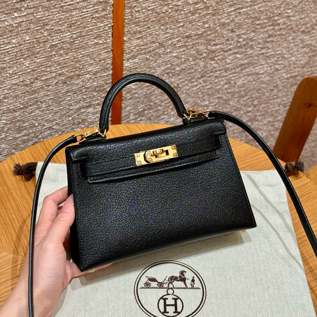 에르메스 Hermes Mini Kelly 19cm Chèvre 89 Noir/gold