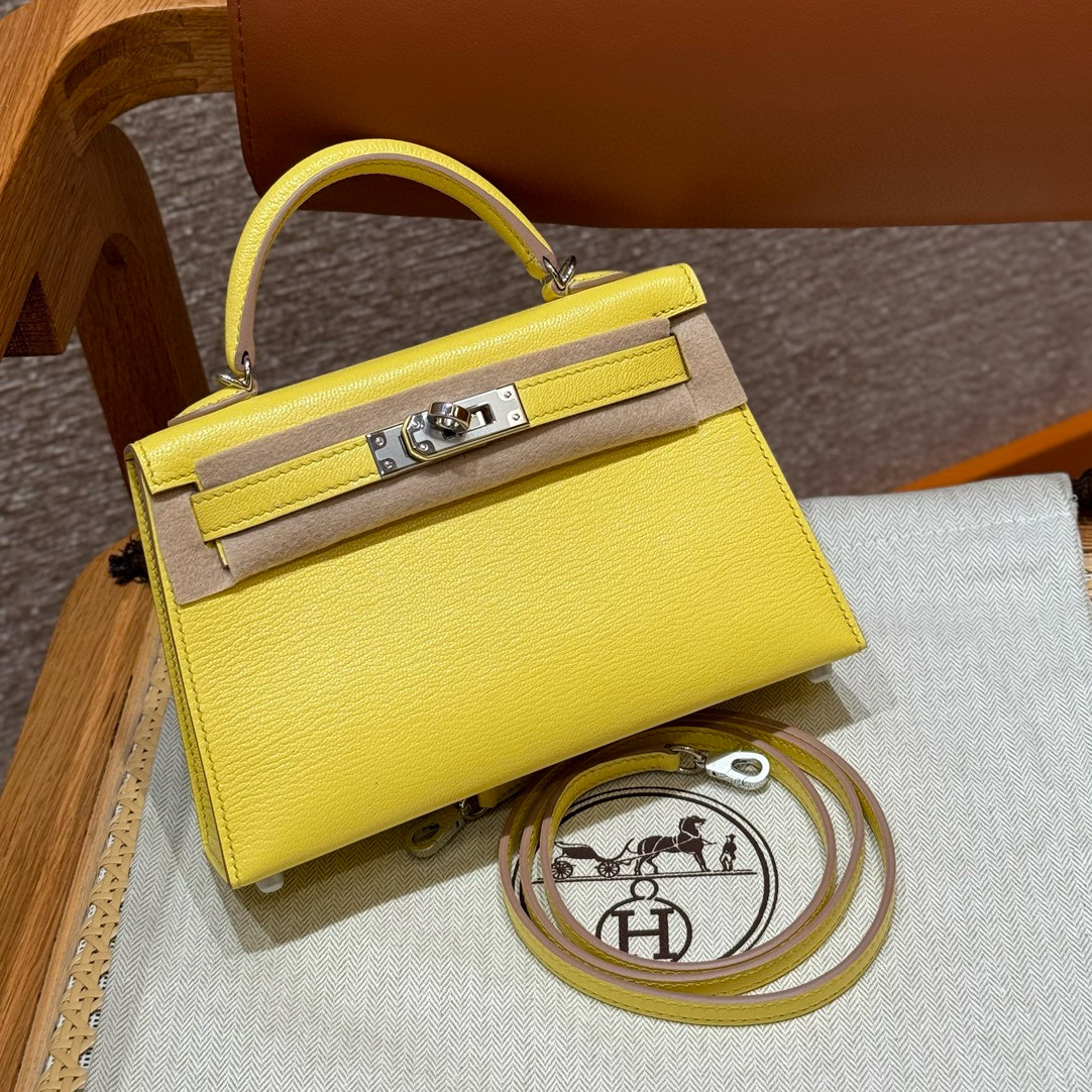에르메스 Hermes Mini Kelly 19cm Chèvre OY Limoncello/silver