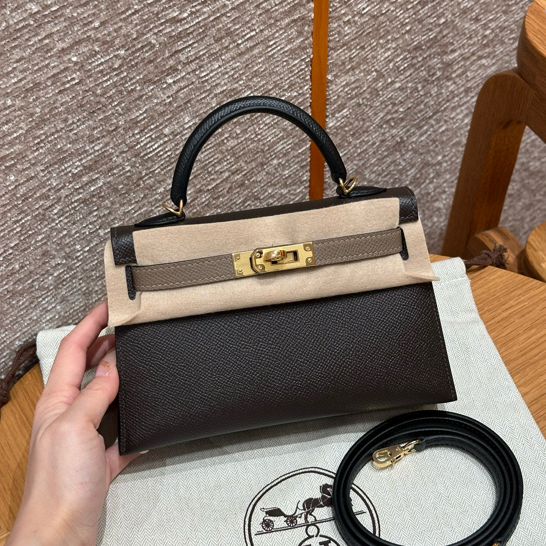 에르메스 Hermes Mini Kelly 19cm Epsom 4C Ecorce 18 Etoupe 89 Noir/gold
