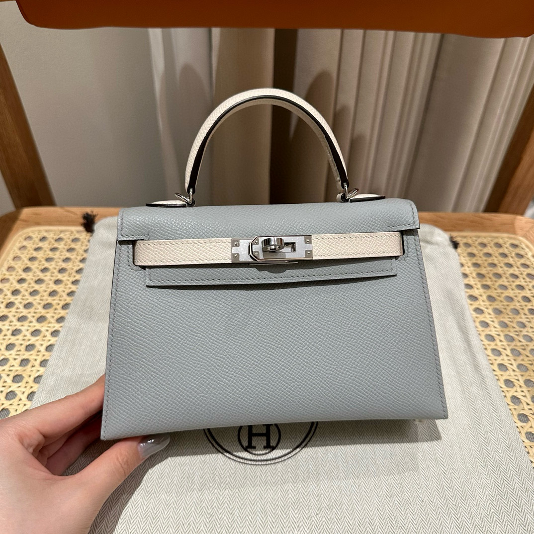 에르메스 Hermes Mini Kelly 19cm Epsom 8U Blue glacier and 10 Craie/silver