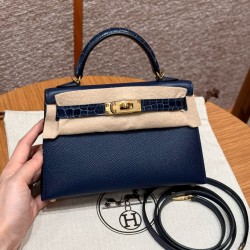 에르메스 Hermes Mini Kelly 19cm Epsom and Bright faced R2 Blue agate/gold
