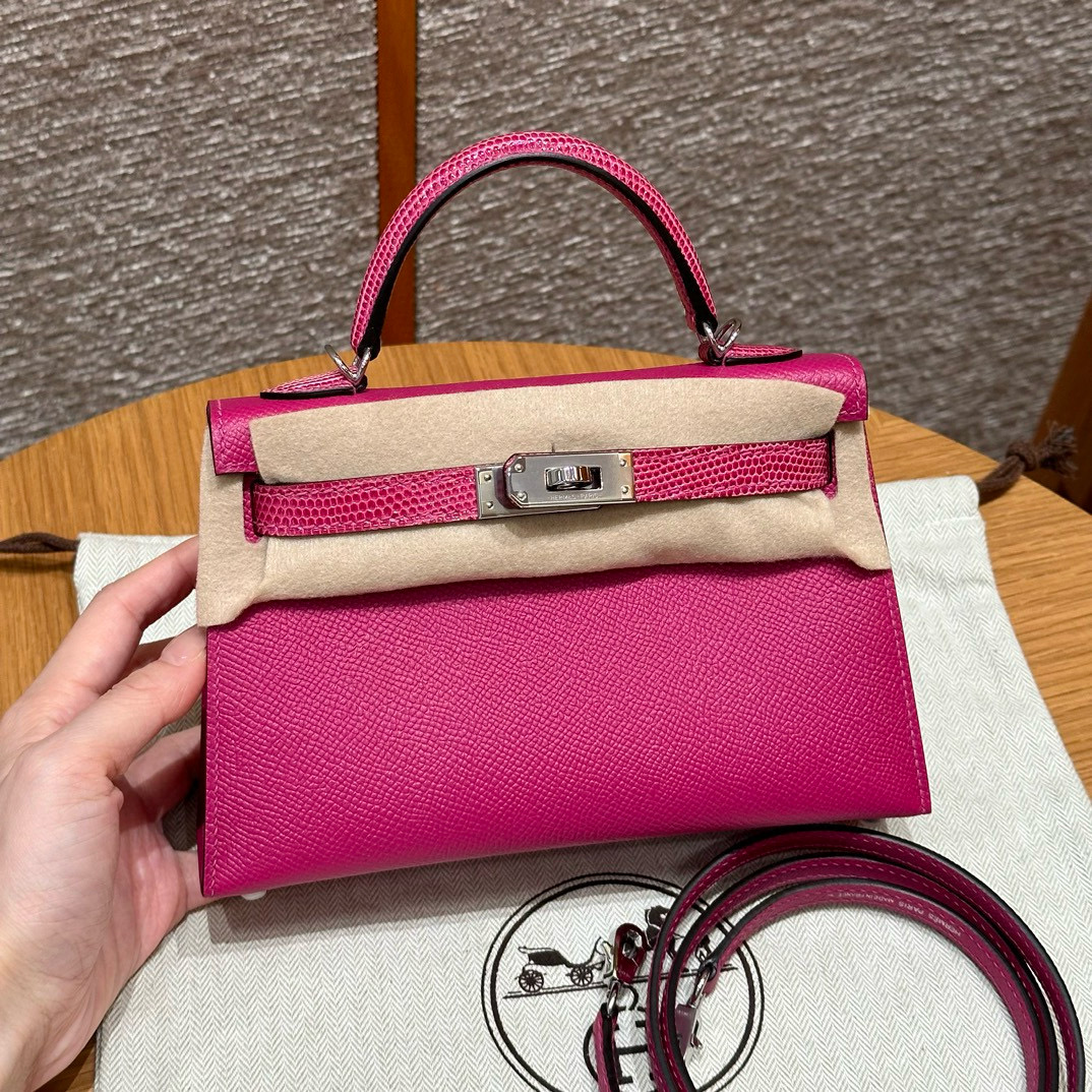 에르메스 Hermes Mini Kelly 19cm Epsom and Lizard L3 Rose purple/silver