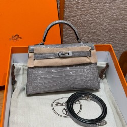 에르메스 Hermes Mini Kelly 19cm Alligator 0V Gris Ciment/silver