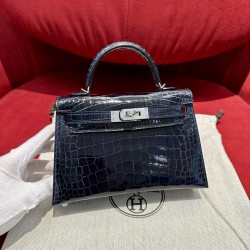 에르메스 Hermes Mini Kelly 19cm Alligator 78 Blue Ocean/silver