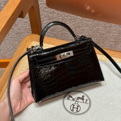 에르메스 Hermes Mini Kelly 19cm Alligator 89 Noir/silver