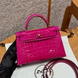 에르메스 Hermes Mini Kelly 19cm Alligator J5 Rose Scheherazade/gold