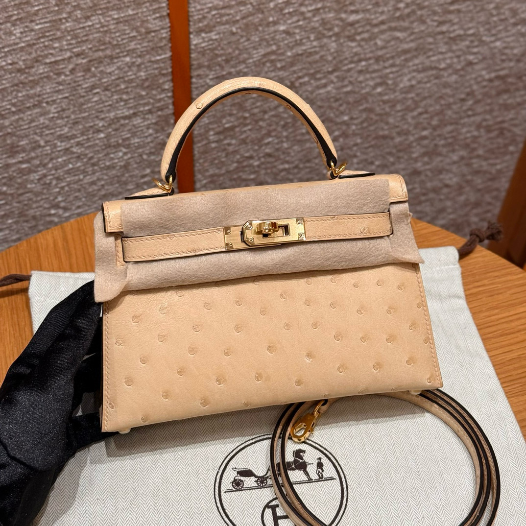 에르메스 Hermes Mini Kelly 19cm KK ostrich 0M Chai/gold