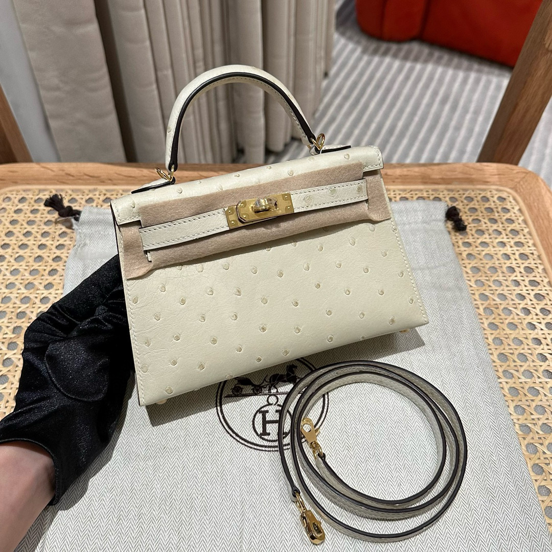 에르메스 Hermes Mini Kelly 19cm KK ostrich 3C Parchemin/gold