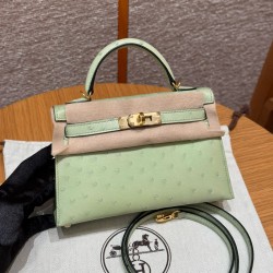 에르메스 Hermes Mini Kelly 19cm KK ostrich 3i Vert Criquet/gold