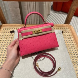 에르메스 Hermes Mini Kelly 19cm KK ostrich 5J Fuchia/gold