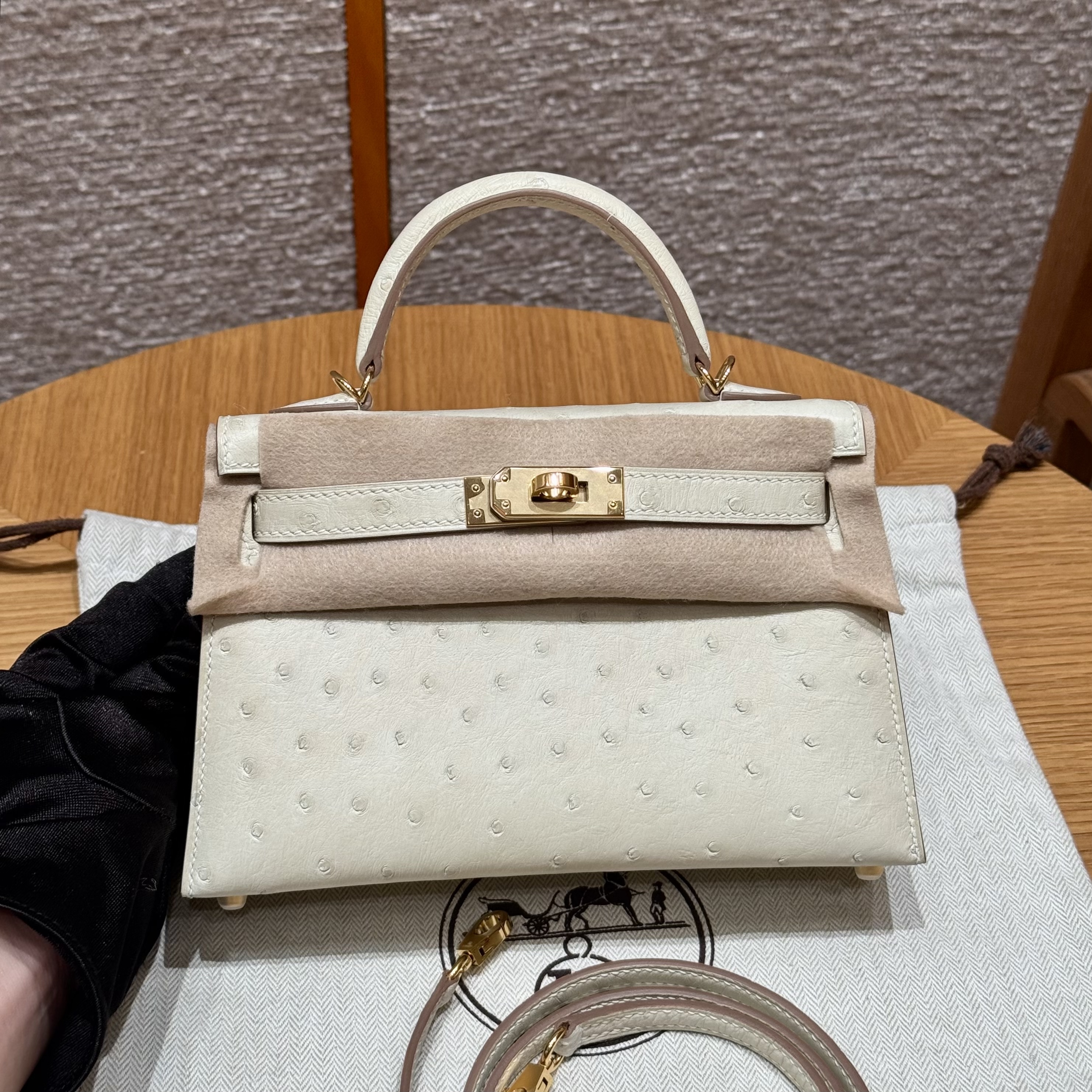 에르메스 Hermes Mini Kelly 19cm KK ostrich 8L Beton/gold