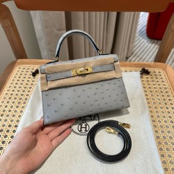 에르메스 Hermes Mini Kelly 19cm KK ostrich 8U Blue glacier/gold