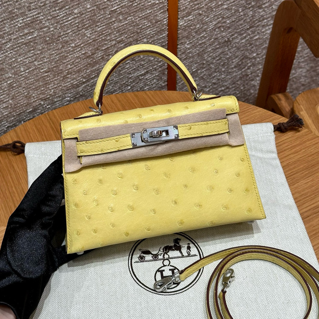 에르메스 Hermes Mini Kelly 19cm KK ostrich 9R Lime/silver
