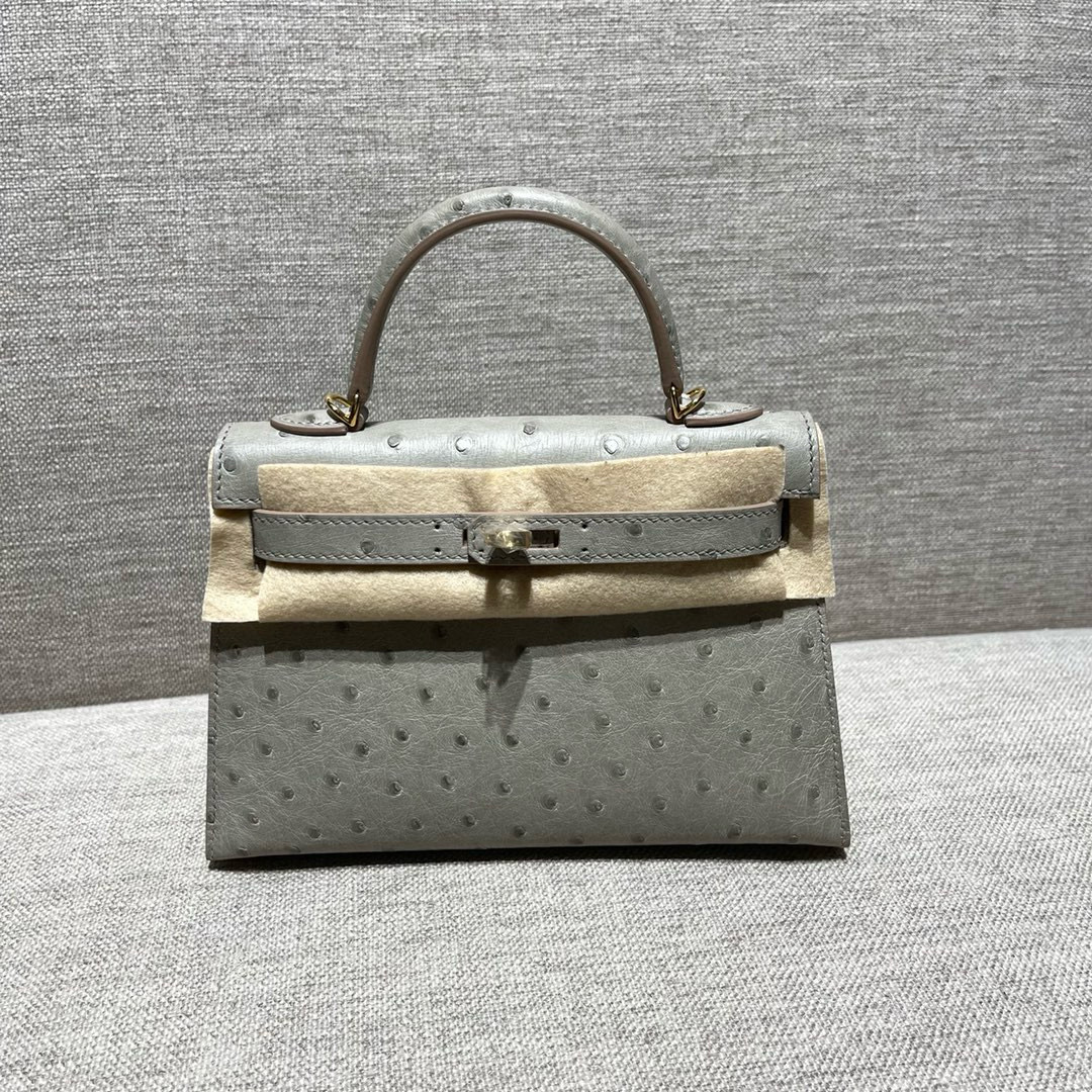 에르메스 Hermes Mini Kelly 19cm KK ostrich 80 Gris Perle/gold