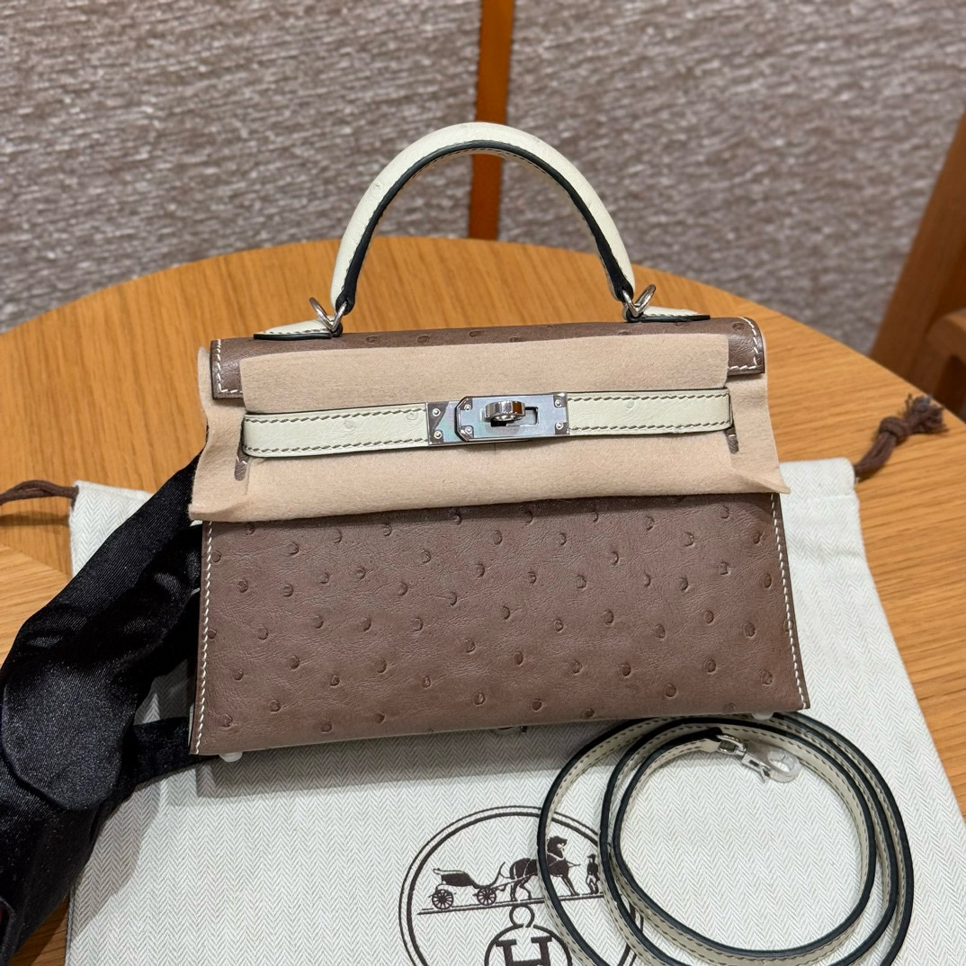 에르메스 Hermes Mini Kelly 19cm KK ostrich 81 Girs Tourerlle and 8L Beton/silver