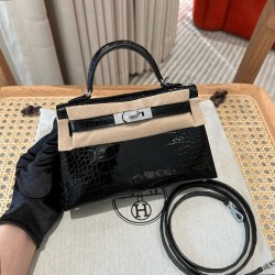 에르메스 Hermes Mini Kelly 19cm Lisse Alligator 89 Noir/silver