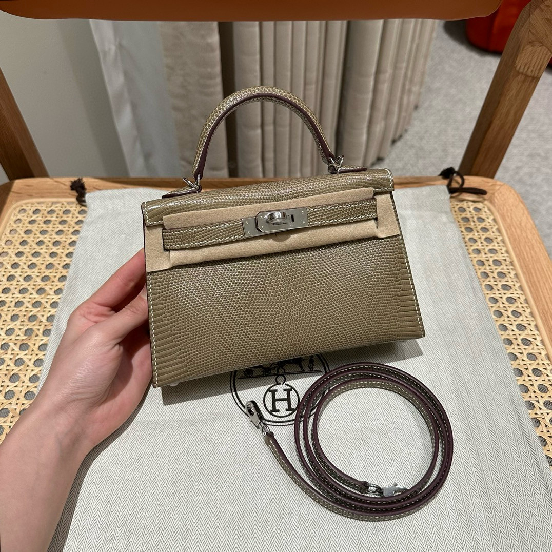 에르메스 Hermes Mini Kelly 19cm Lizard 18 Etoupe/silver