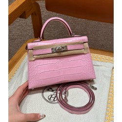 에르메스 Hermes Mini Kelly 19cm Matte Alligator 5P Pink/silver