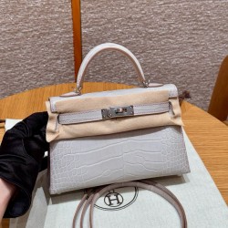 에르메스 Hermes Mini Kelly 19cm Matte Alligator 80 Pearl Gray  and 5P Pink/silver